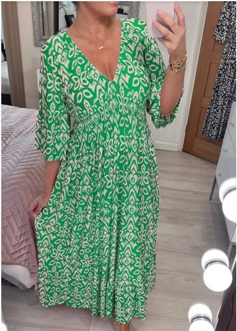 Bloom Essence: Floral V-Neck Cropped Sleeve Dress