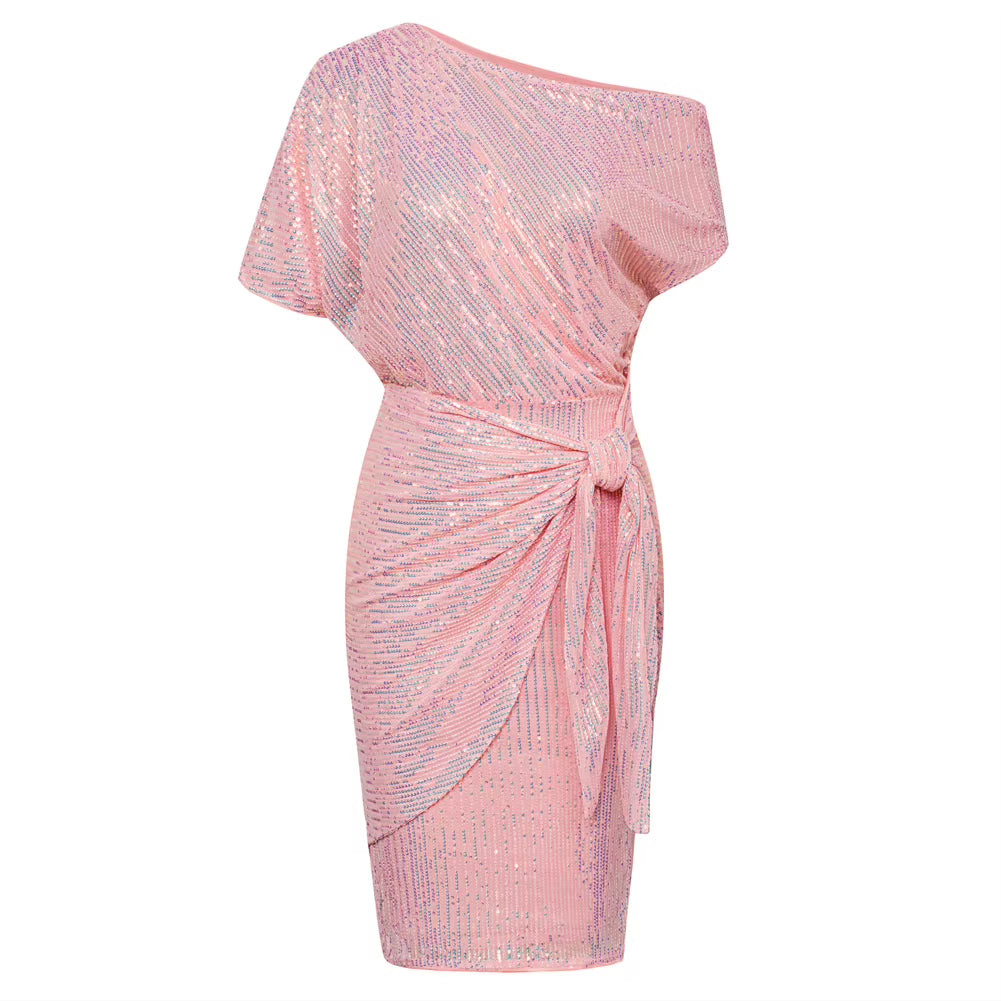 Cocktail Dresses for Women Sequined Party Dress Summer Ruched Short Sleeve Asymmetric off Shoulder Bodycon Dress Vestidos