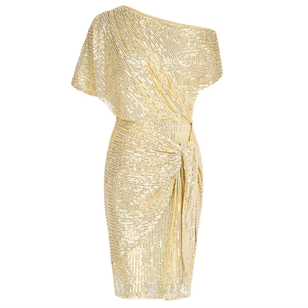 Cocktail Dresses for Women Sequined Party Dress Summer Ruched Short Sleeve Asymmetric off Shoulder Bodycon Dress Vestidos