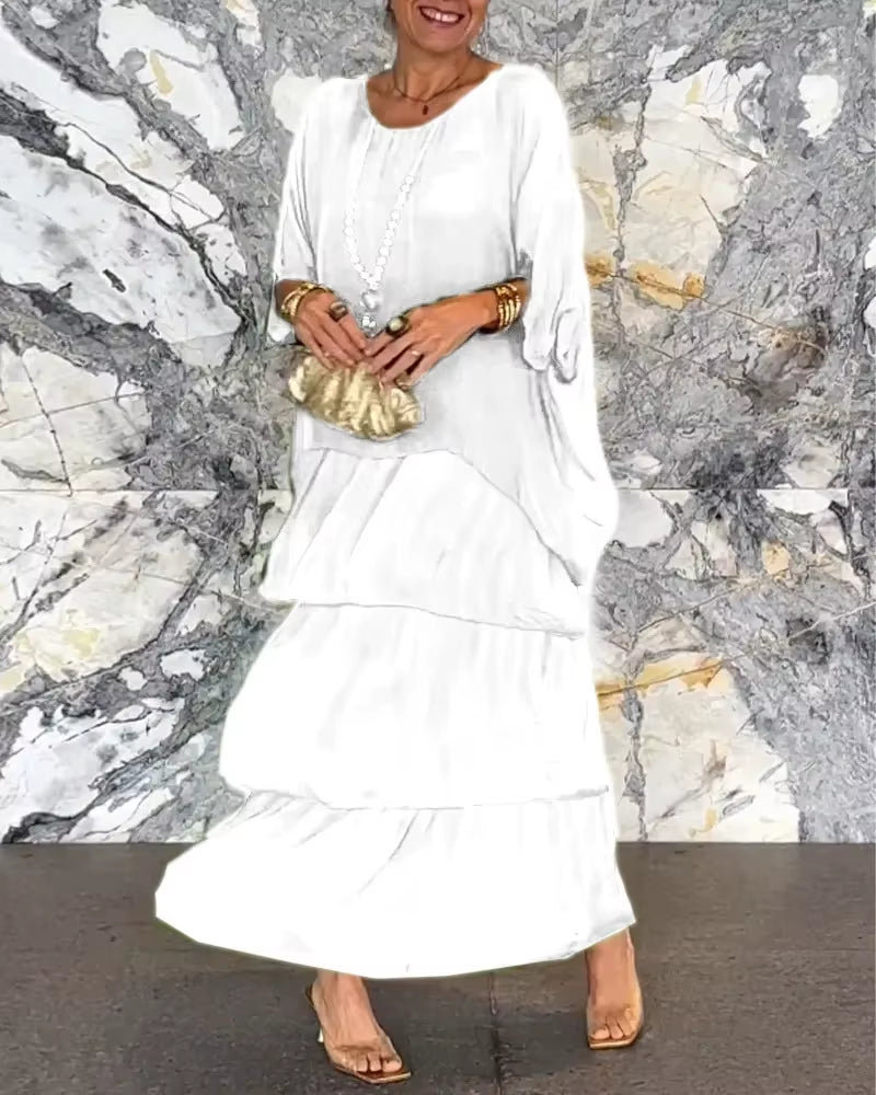 Graceflow™ Elegant Layered Maxi Dress – round Neck, Bat Sleeve, plus Size Chic for Spring & Summer