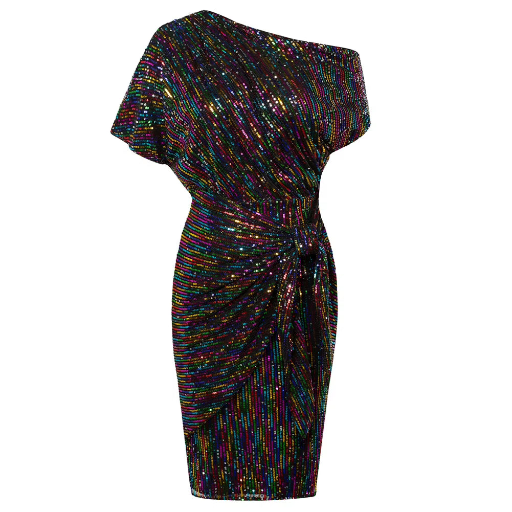 Cocktail Dresses for Women Sequined Party Dress Summer Ruched Short Sleeve Asymmetric off Shoulder Bodycon Dress Vestidos