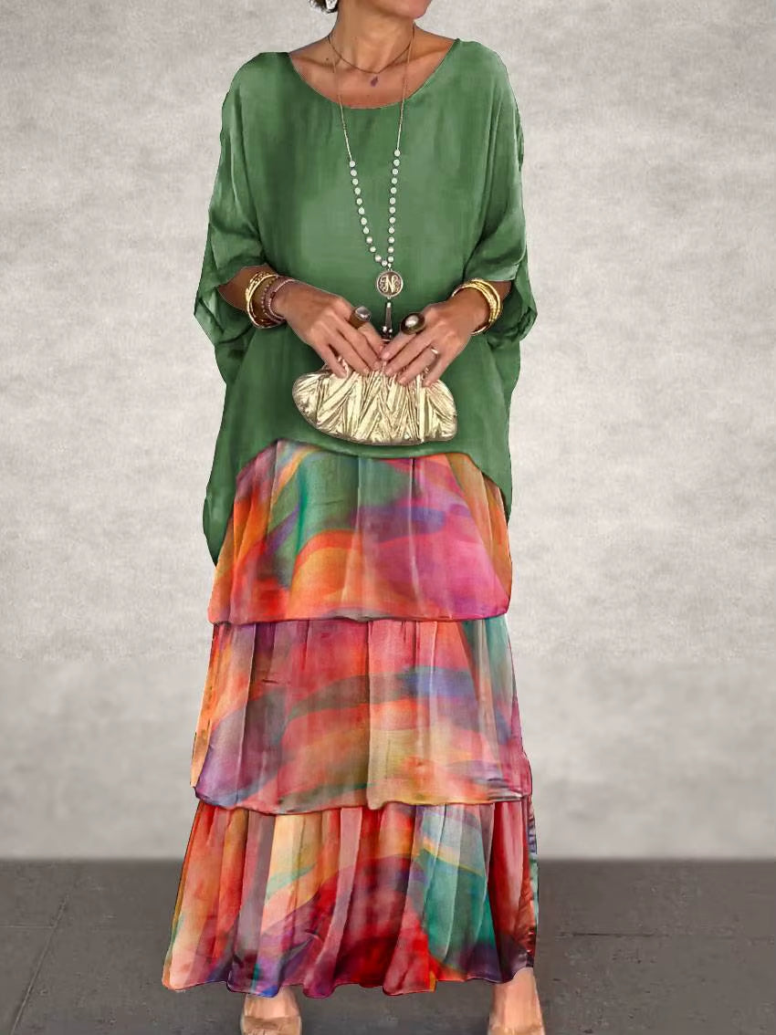 Graceflow™ Elegant Layered Maxi Dress – round Neck, Bat Sleeve, plus Size Chic for Spring & Summer
