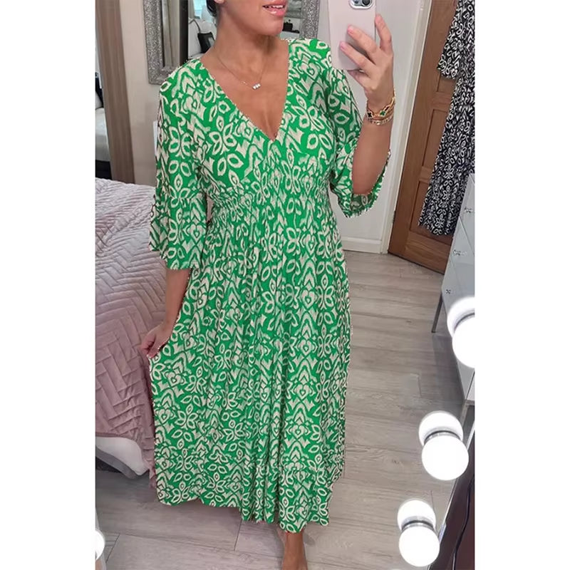 Bloom Essence: Floral V-Neck Cropped Sleeve Dress