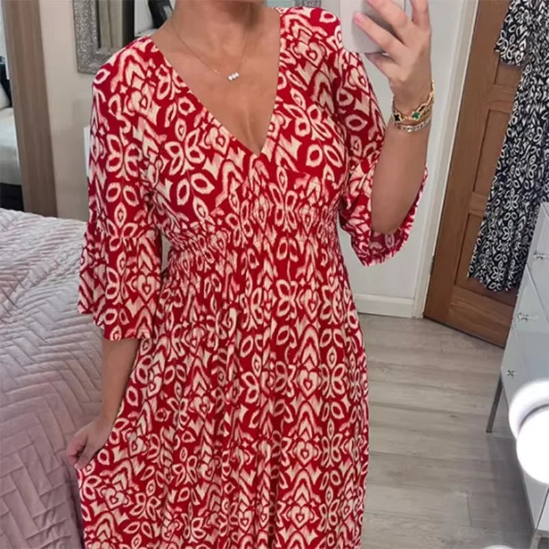 Bloom Essence: Floral V-Neck Cropped Sleeve Dress