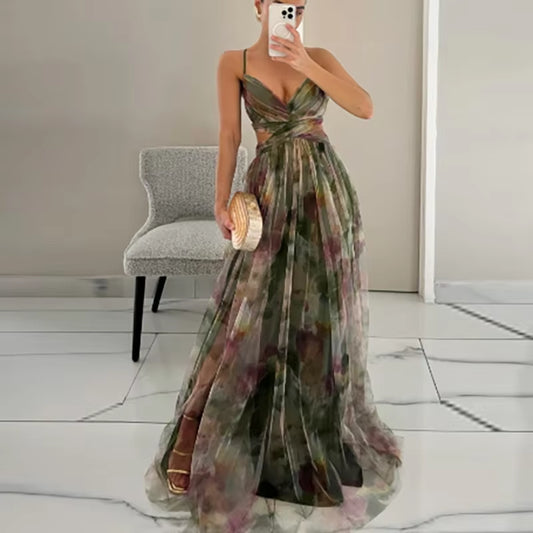 Elegant Pleated Mesh Evening Dress – off Shoulder, Backless, High Waist Long Vacation Dress for Women