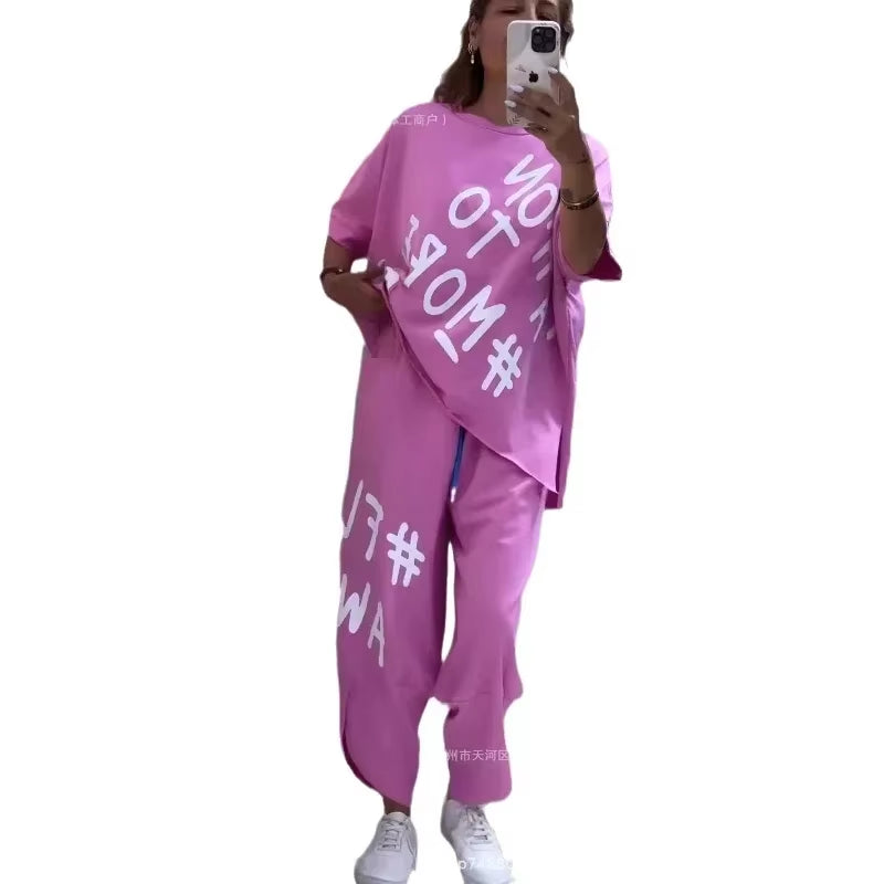 Urbanease™ Letter Print Two-Piece Lounge Set – Where Casual Comfort Meets Street-Chic Vibes