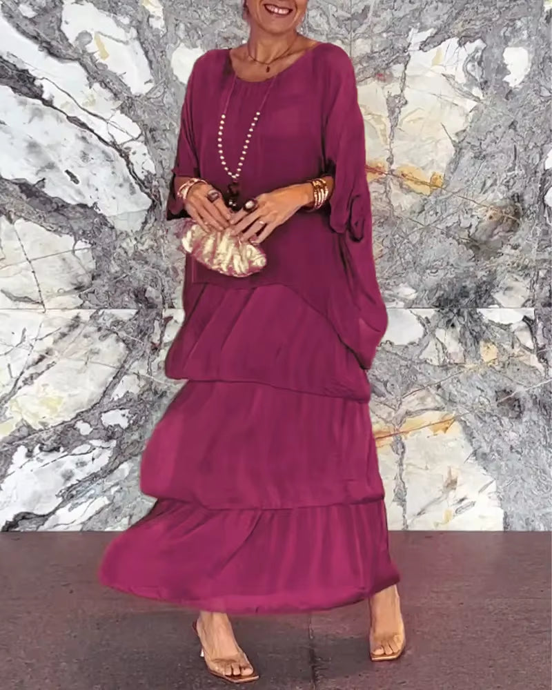 Graceflow™ Elegant Layered Maxi Dress – round Neck, Bat Sleeve, plus Size Chic for Spring & Summer
