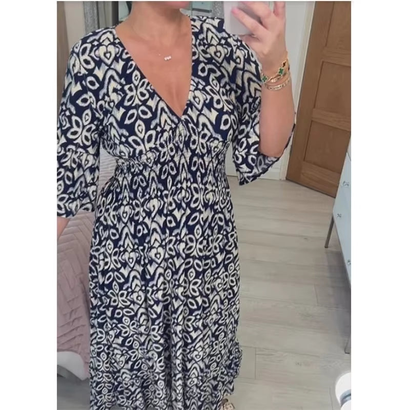Bloom Essence: Floral V-Neck Cropped Sleeve Dress