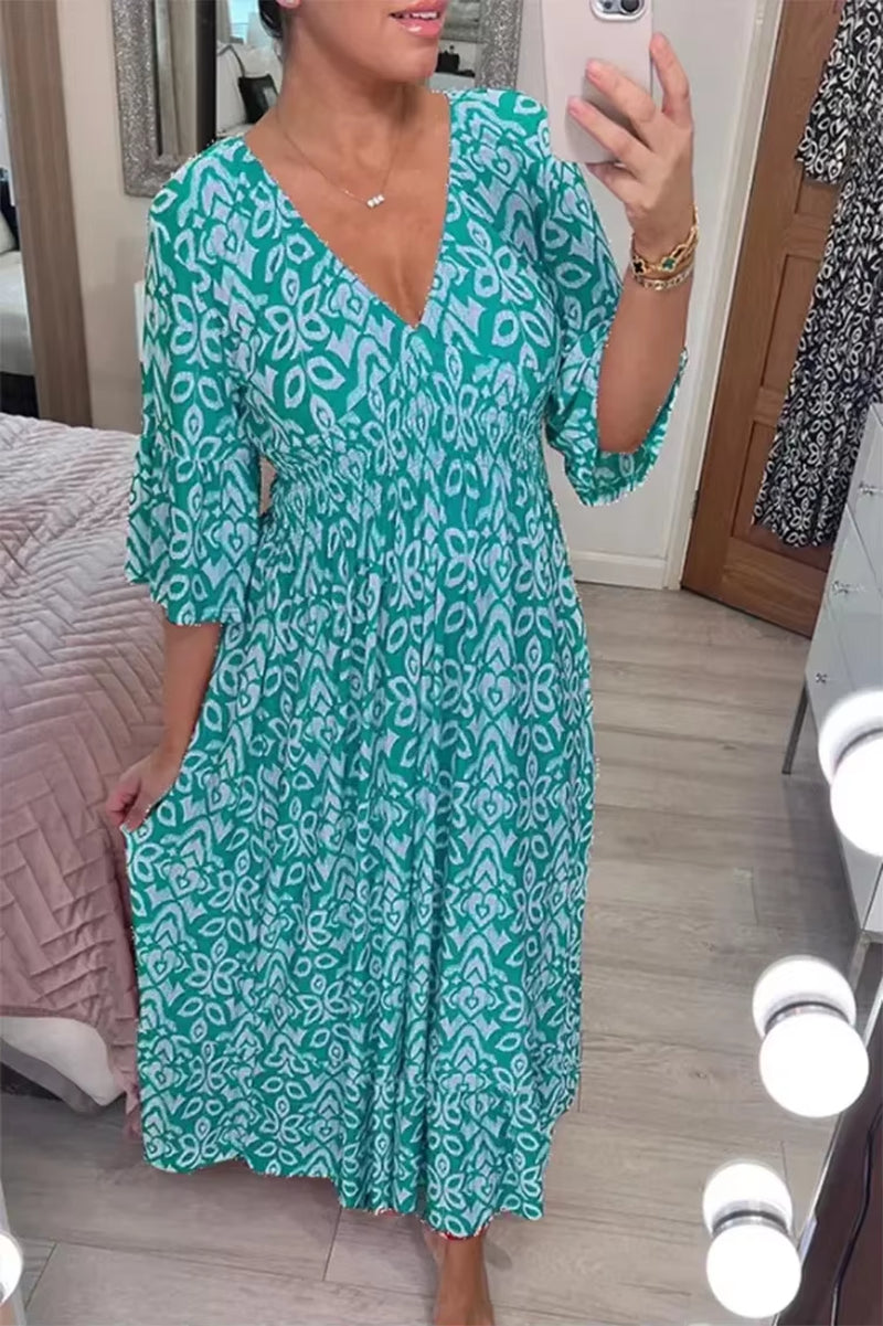 Bloom Essence: Floral V-Neck Cropped Sleeve Dress