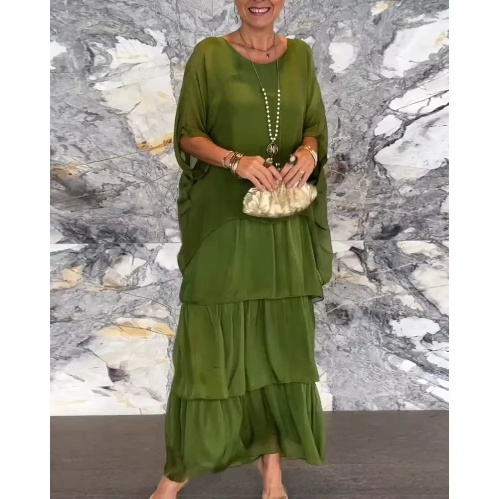 Graceflow™ Elegant Layered Maxi Dress – round Neck, Bat Sleeve, plus Size Chic for Spring & Summer