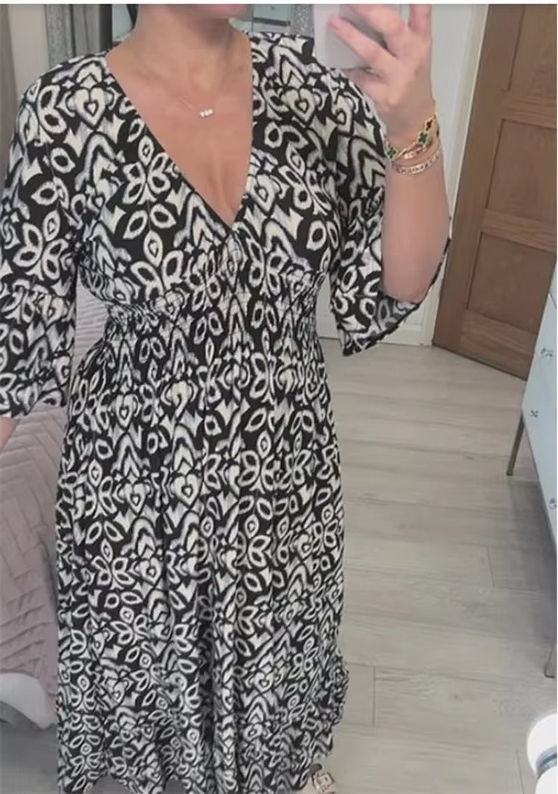 Bloom Essence: Floral V-Neck Cropped Sleeve Dress