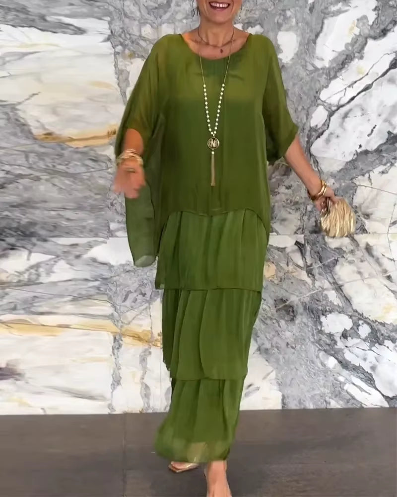 Graceflow™ Elegant Layered Maxi Dress – round Neck, Bat Sleeve, plus Size Chic for Spring & Summer