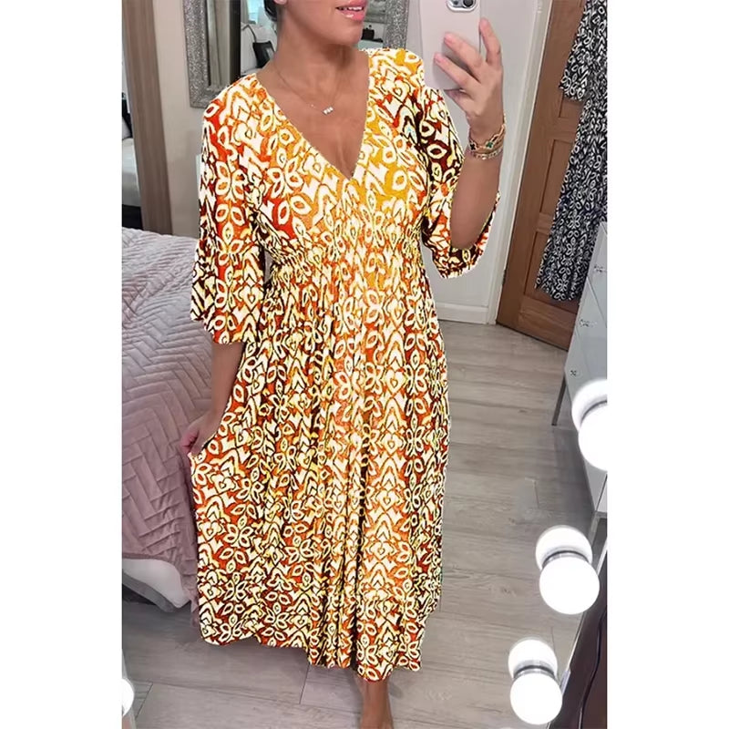 Bloom Essence: Floral V-Neck Cropped Sleeve Dress
