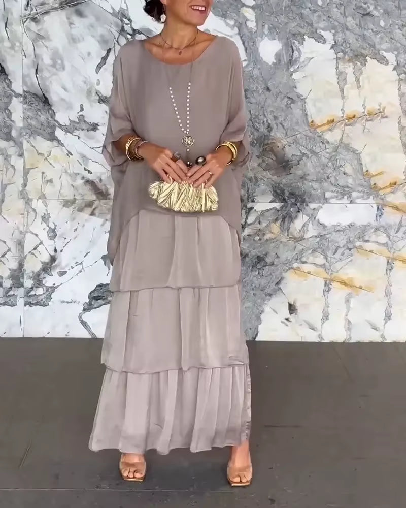 Graceflow™ Elegant Layered Maxi Dress – round Neck, Bat Sleeve, plus Size Chic for Spring & Summer