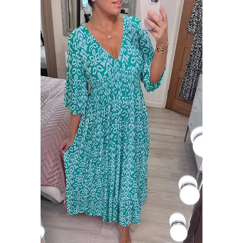 Bloom Essence: Floral V-Neck Cropped Sleeve Dress