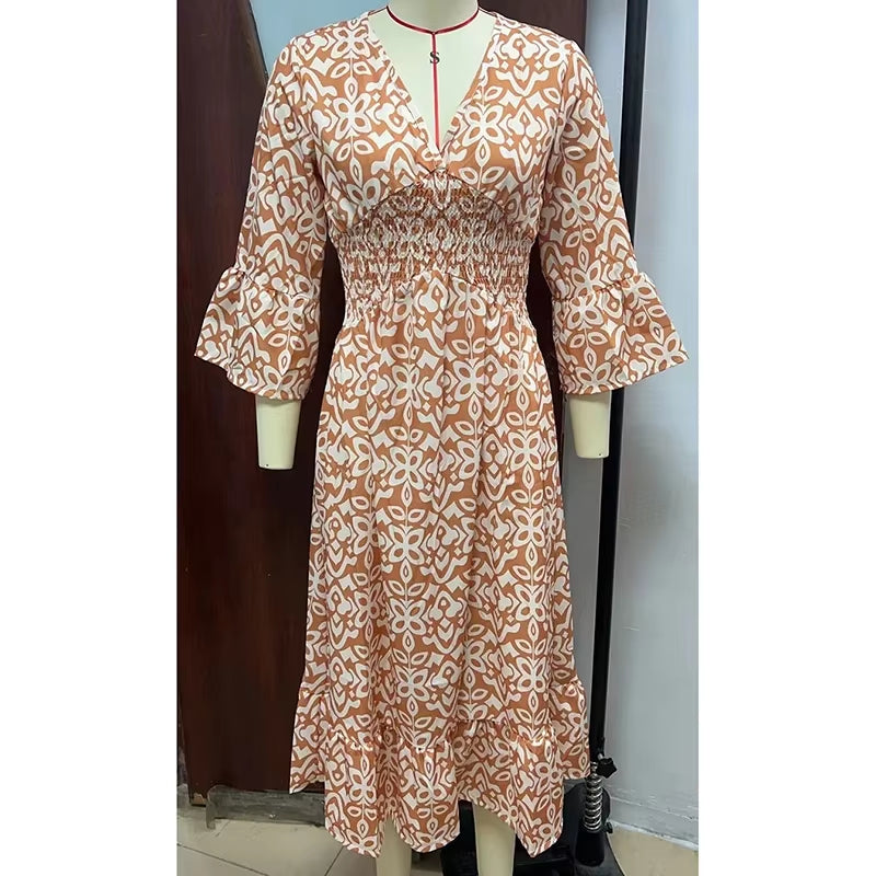 Bloom Essence: Floral V-Neck Cropped Sleeve Dress