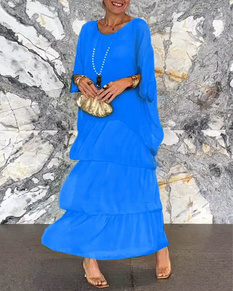 Graceflow™ Elegant Layered Maxi Dress – round Neck, Bat Sleeve, plus Size Chic for Spring & Summer