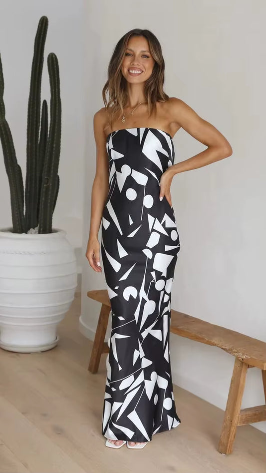 Sexy Print Slim Tube Top Bodycon Dress for Women – Backless, Sleeveless, Party Long Dress