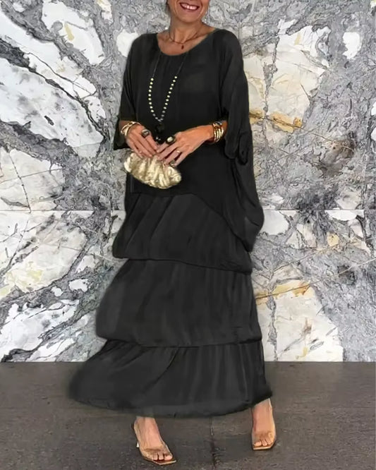 Graceflow™ Elegant Layered Maxi Dress – round Neck, Bat Sleeve, plus Size Chic for Spring & Summer