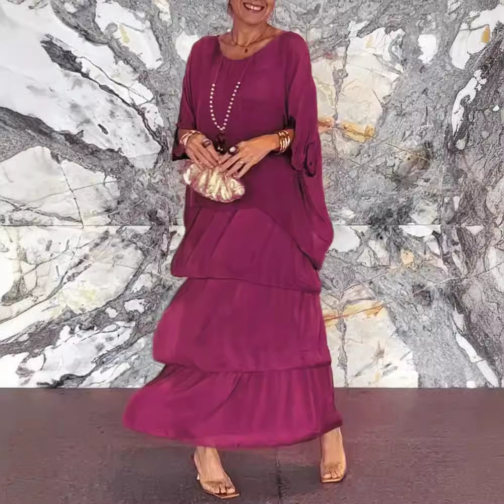 Graceflow™ Elegant Layered Maxi Dress – round Neck, Bat Sleeve, plus Size Chic for Spring & Summer