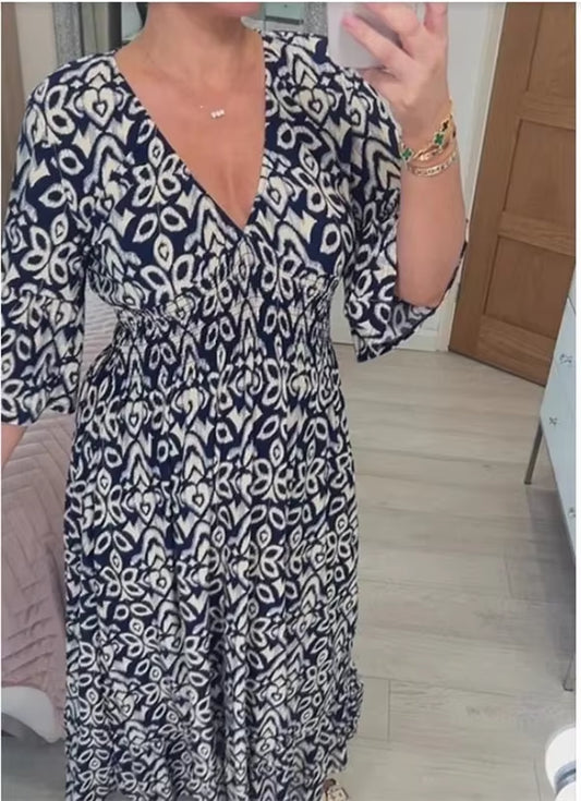 Bloom Essence: Floral V-Neck Cropped Sleeve Dress