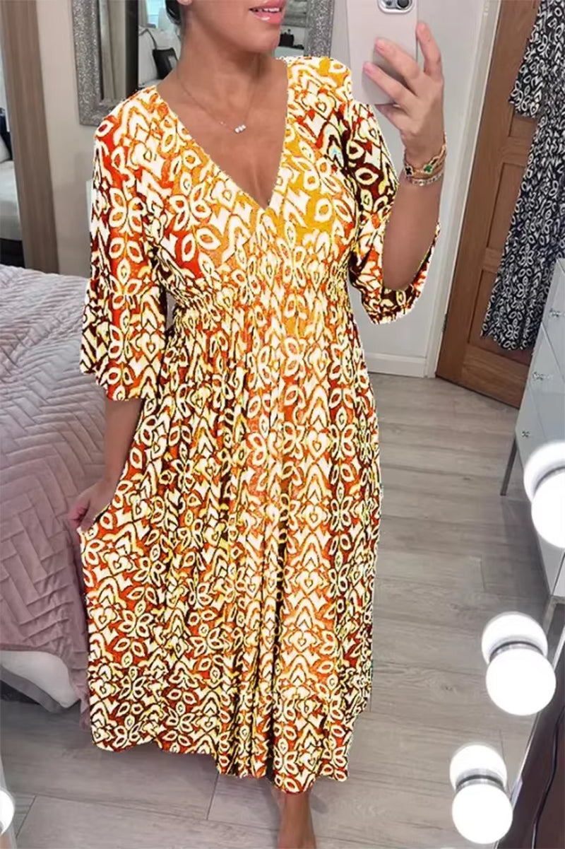 Bloom Essence: Floral V-Neck Cropped Sleeve Dress