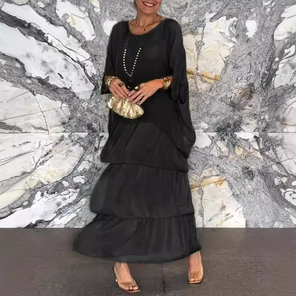 Graceflow™ Elegant Layered Maxi Dress – round Neck, Bat Sleeve, plus Size Chic for Spring & Summer