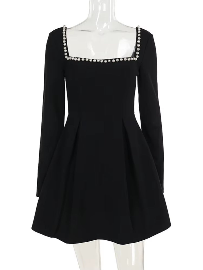 Pearl Square Collar Long Sleeve Mini Dress for Women Robe Backless A-Line Dress Ladies Autumn Fall Elegant Dresses