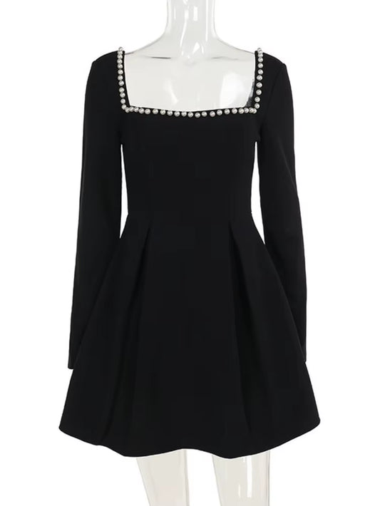 Pearl Square Collar Long Sleeve Mini Dress for Women Robe Backless A-Line Dress Ladies Autumn Fall Elegant Dresses